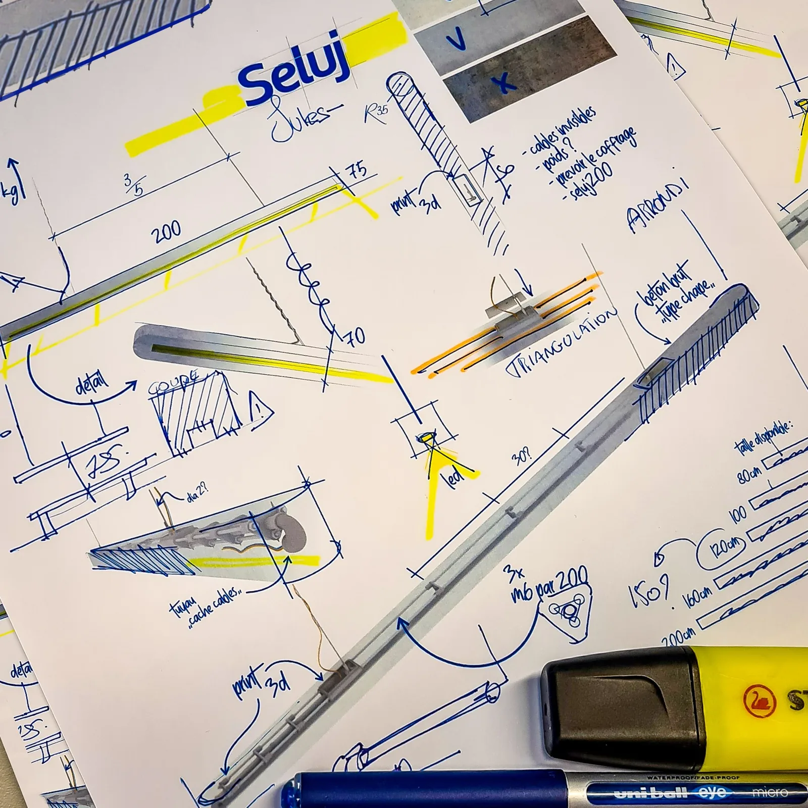 Croquis de recherche et annotations de conception de Seluj